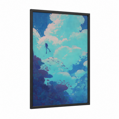 Underwater Descent framed diving print — black wood frame — teal and blue palette