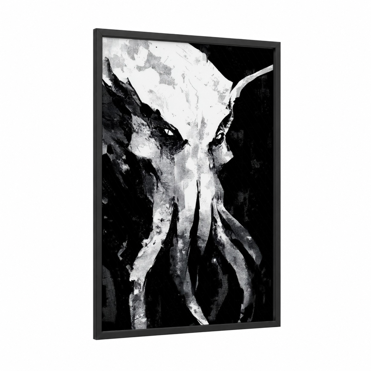 Cosmic Cthulhu framed art print — black wood frame — black and white palette