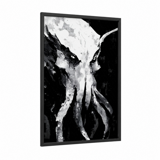 Cosmic Cthulhu framed art print — black wood frame — black and white palette