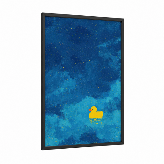 Starlit Dreamer framed nebula print — black wood frame — blue and gold palette