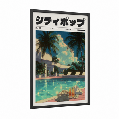 Poolside Retreat framed anime and manga print — black wood frame — turquoise and gold palette