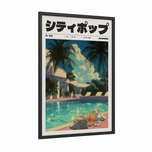Poolside Retreat framed anime and manga print — black wood frame — turquoise and gold palette