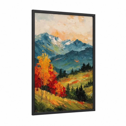 Autumn Sierra Nevada framed art print — black wood frame — gold and blue palette