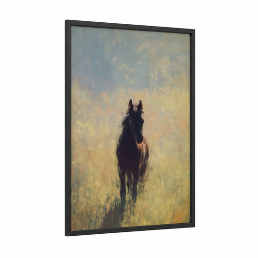 Misty Miniature Horse framed art print — black wood frame — gold and blue palette