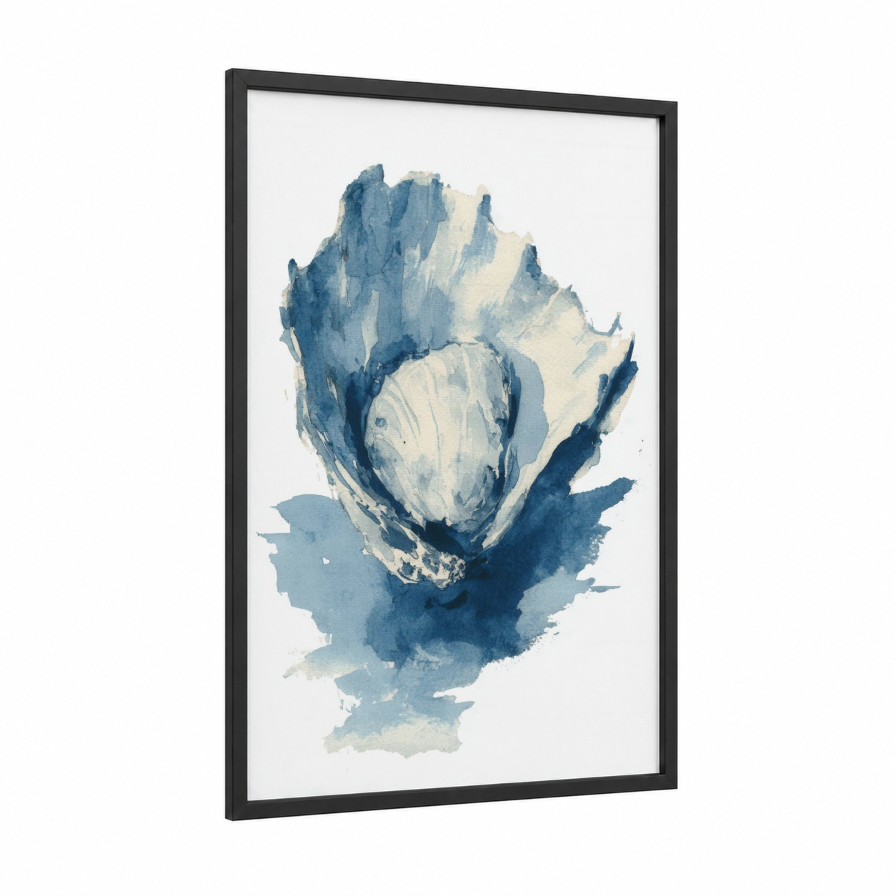 Azure Oyster framed art print — black wood frame — blue and white palette