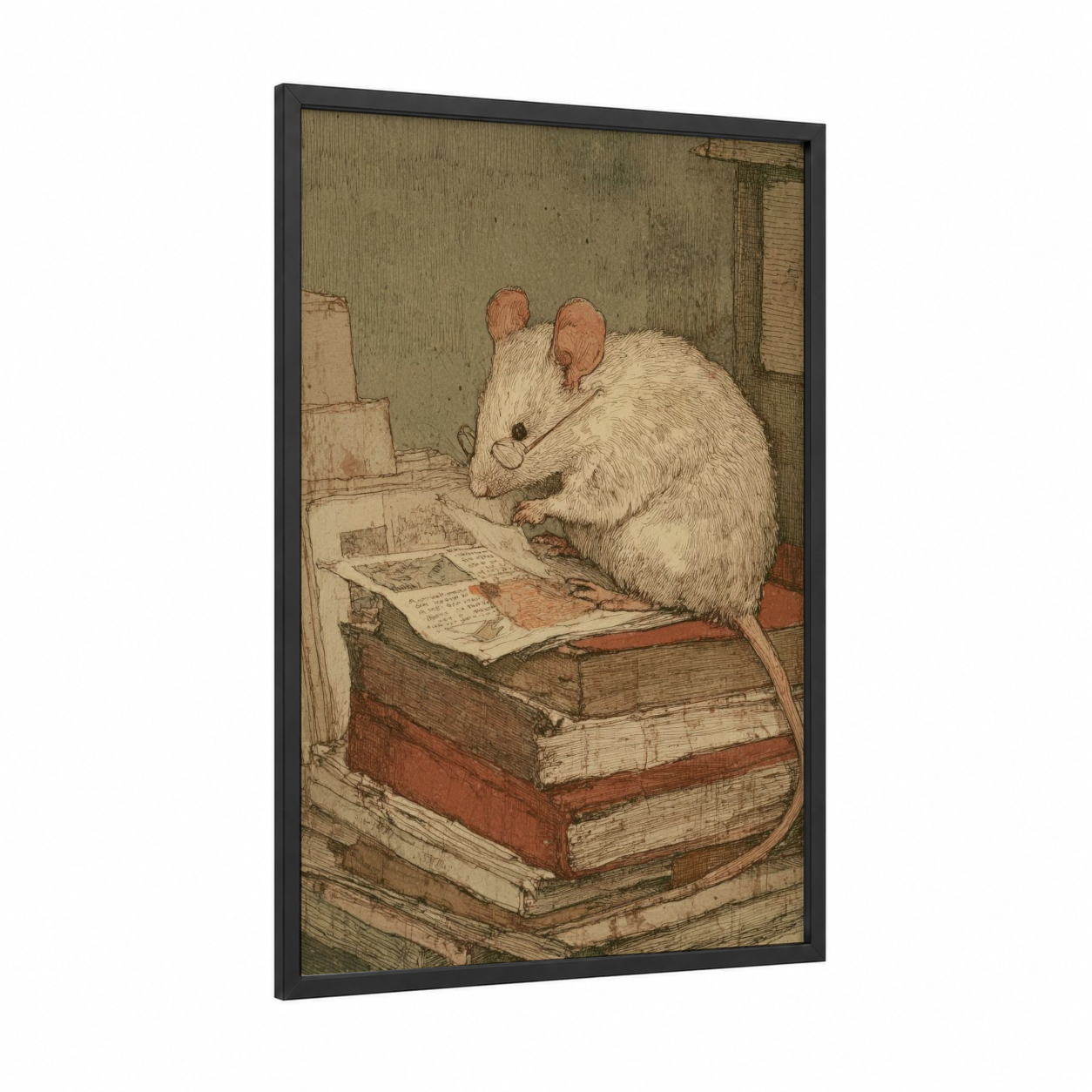 Scholarly Mouse framed mice print — black wood frame — beige and russet palette