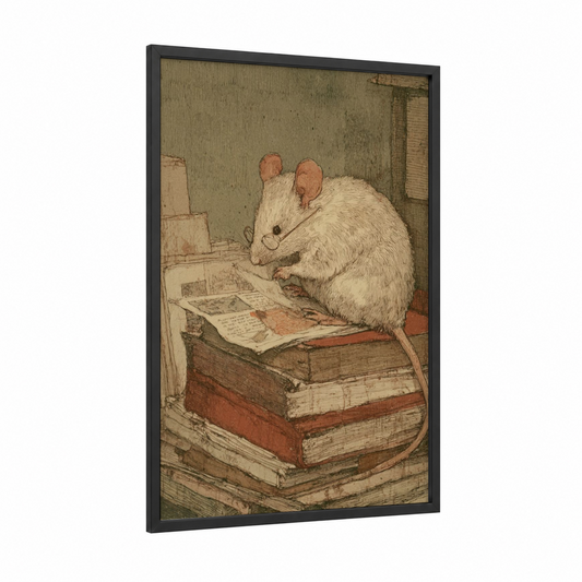 Scholarly Mouse framed mice print — black wood frame — beige and russet palette