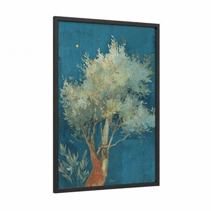 Rustic Olive Tree framed art print — black wood frame — teal and gold palette