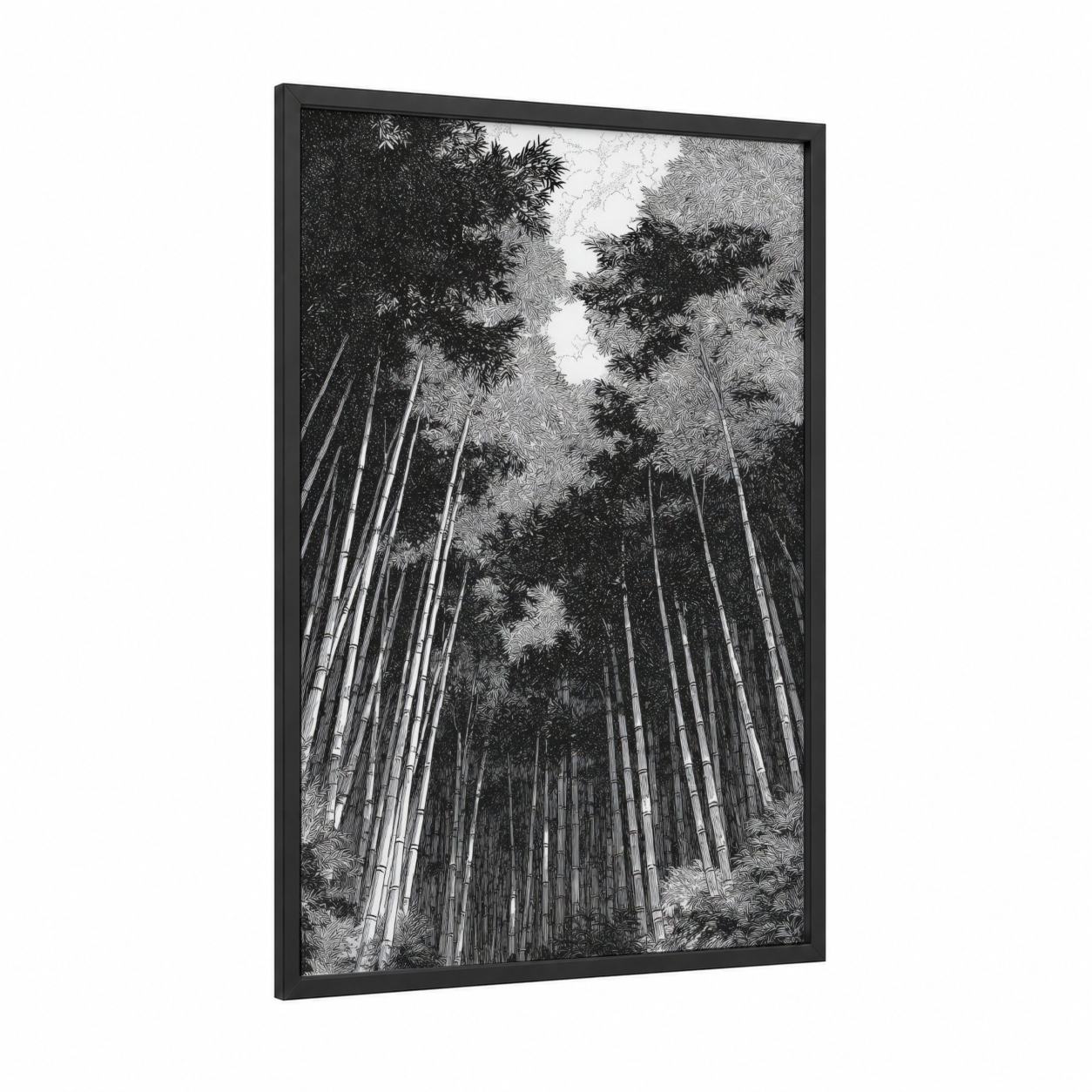Canopy Cathedral framed bamboo jungle print — black wood frame — black and white palette