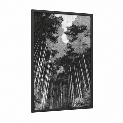 Canopy Cathedral framed bamboo jungle print — black wood frame — black and white palette