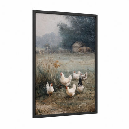Farmyard Flock framed chicken and roosters print — black wood frame — gray and cream palette