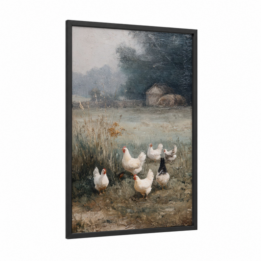 Farmyard Flock framed chicken and roosters print — black wood frame — gray and cream palette