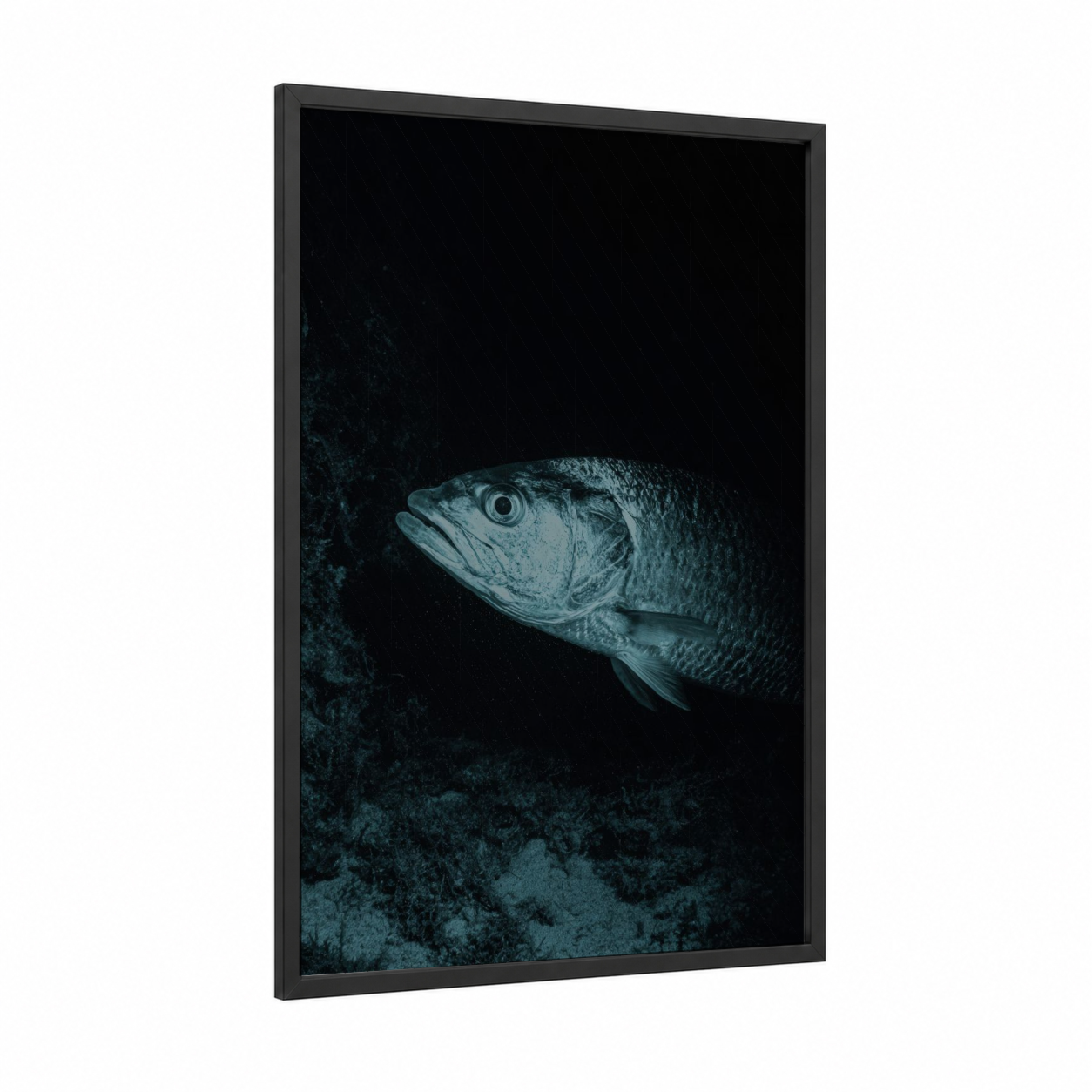 Deep Sea Tarpon framed art print — black wood frame — black and white and dark blue palette