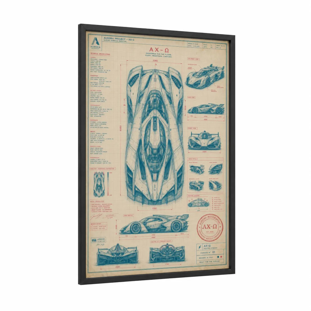 Futuristic Race Car Blueprint Wall Art framed sports car print — black wood frame — blue and cream palette
