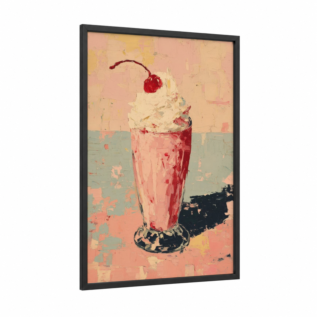 Cherry Milkshake framed art print — black wood frame — peach and sage green palette