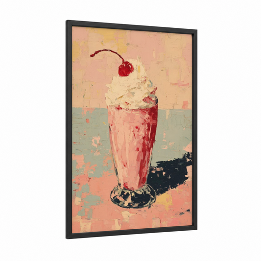 Cherry Milkshake framed art print — black wood frame — peach and sage green palette