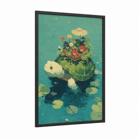 Floating Garden Turtle framed art print — black wood frame — turquoise and light green palette