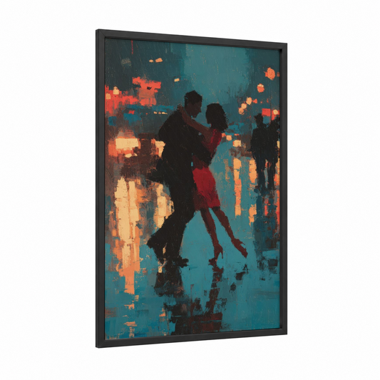 Neon Salsa framed art print — black wood frame — orange and teal palette