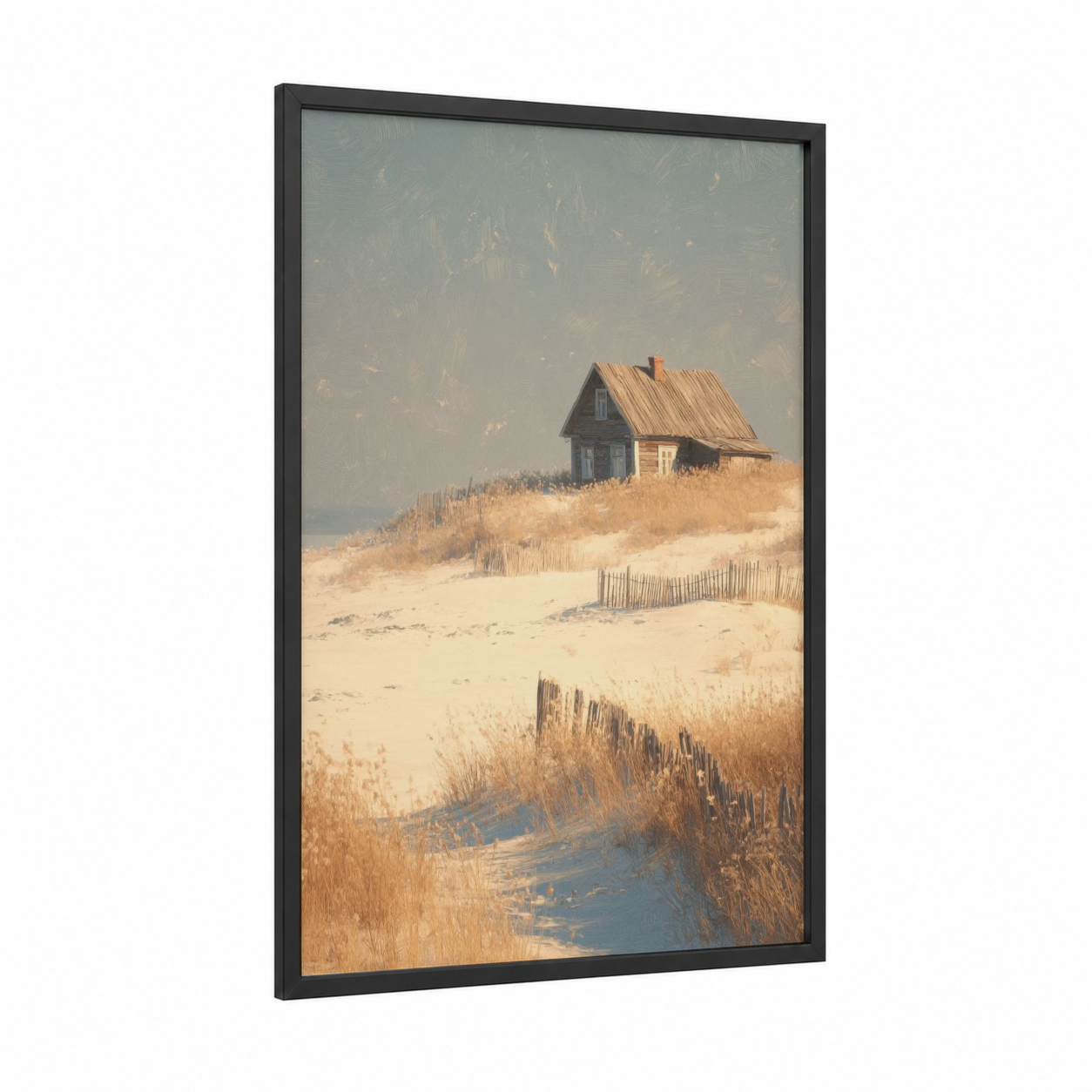 Seaside Cottage Dreams framed art print — black wood frame — gold and cream palette