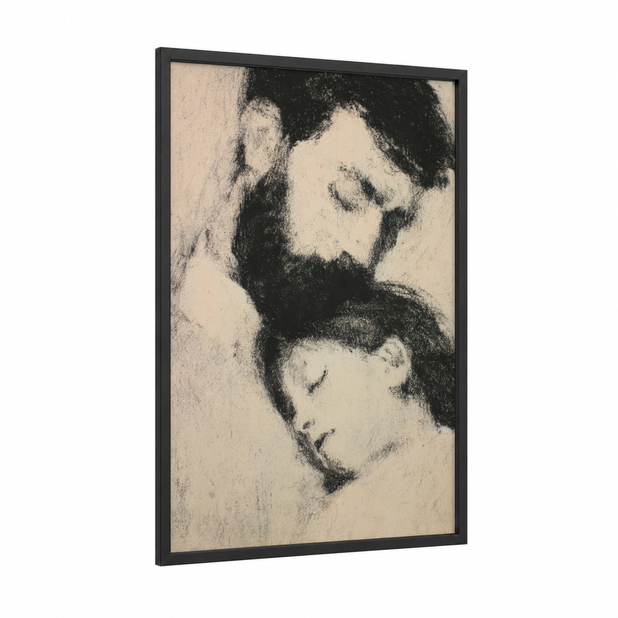 Tender Embrace Father framed father's day print — black wood frame — black and white and cream palette