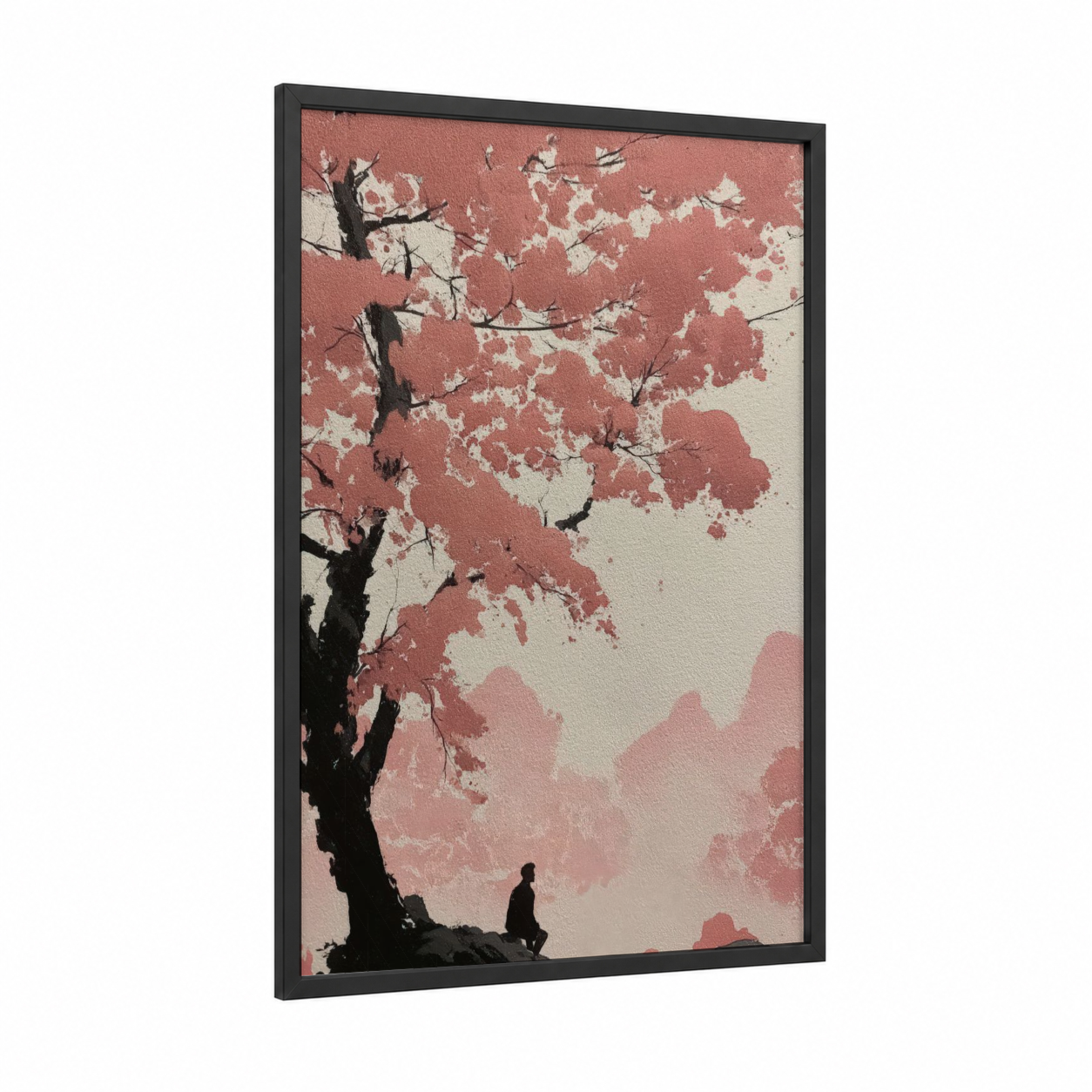 Crimson Cherry Blossom framed cherry blossoms print — black wood frame — salmon pink and cream palette