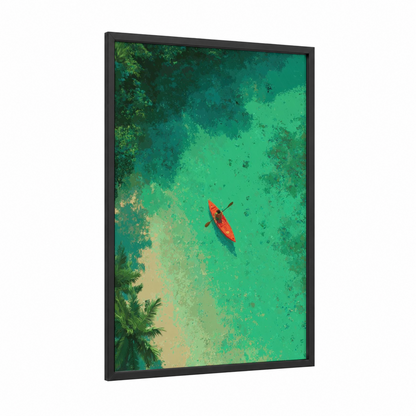 Aerial Kayak framed canoeing and kayaking print — black wood frame — teal and light green palette