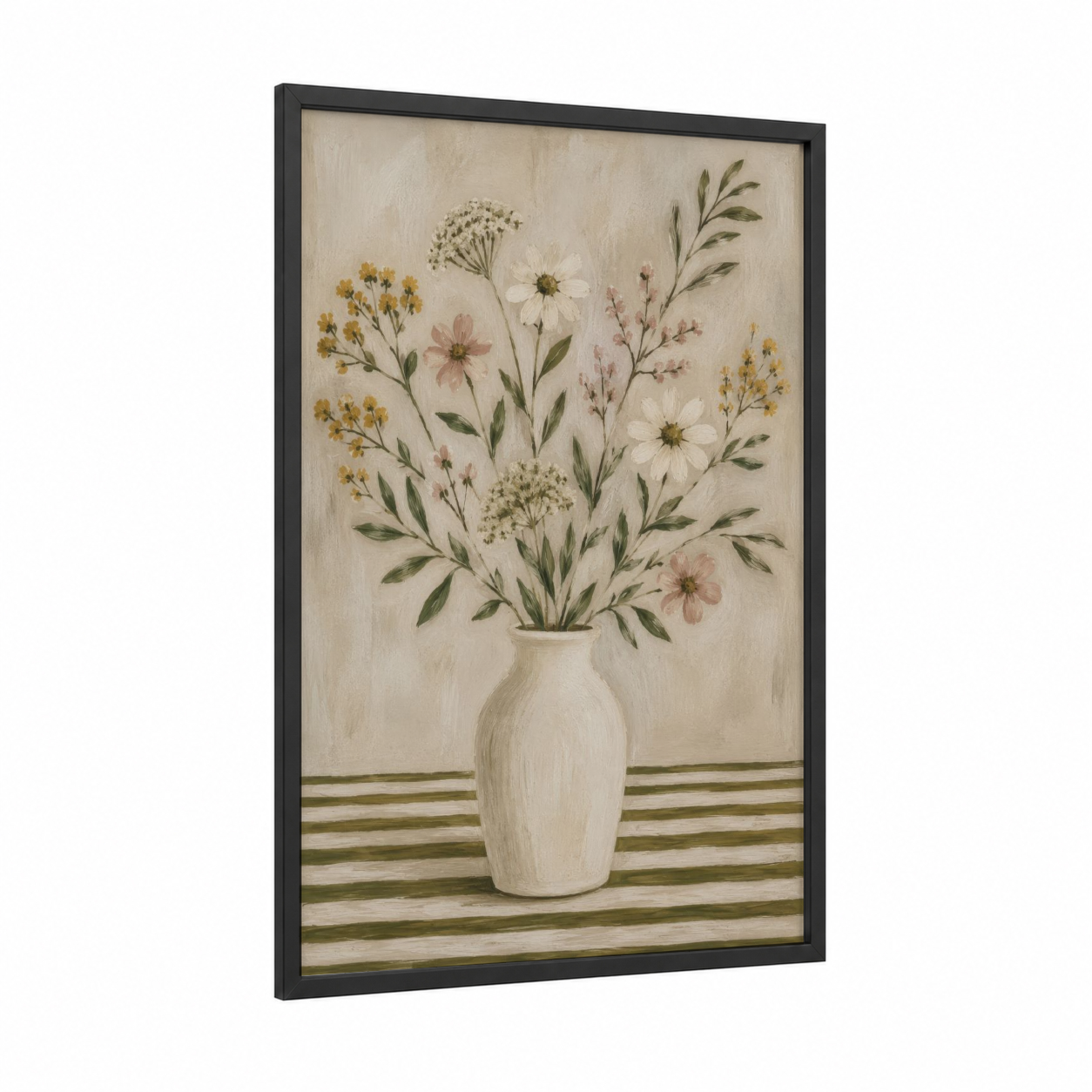 Neutral Wildflower Bouquet Wall Art framed art print — black wood frame — beige and cream palette