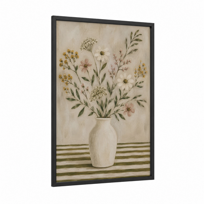 Neutral Wildflower Bouquet Wall Art framed art print — black wood frame — beige and cream palette