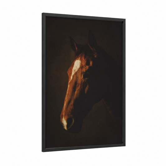Chestnut Quarter Horse framed art print — black wood frame — brown and black palette