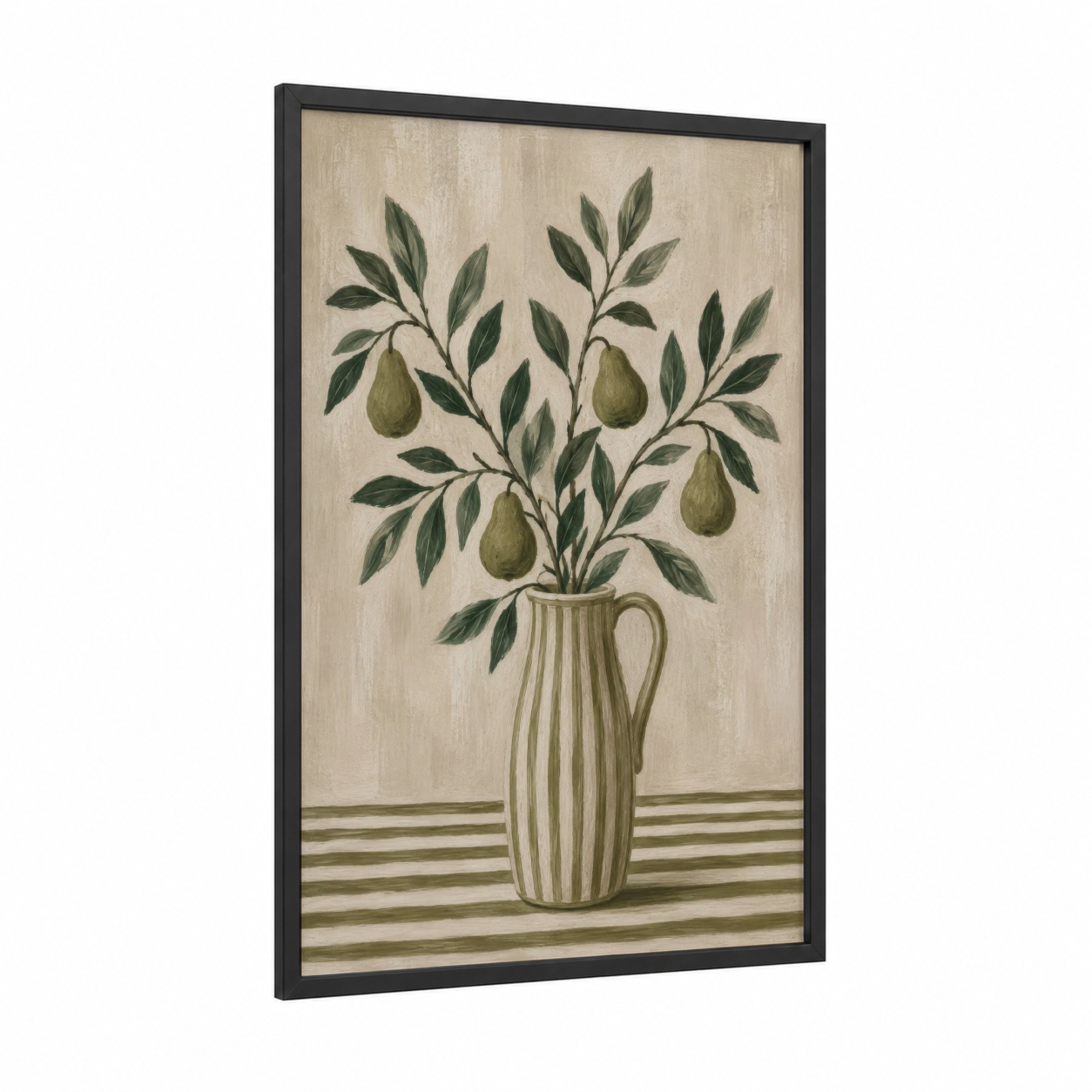 Pear Branch in Striped Pitcher Wall Art framed fruit trees print — black wood frame — beige and olive palette