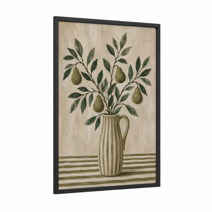 Pear Branch in Striped Pitcher Wall Art framed fruit trees print — black wood frame — beige and olive palette