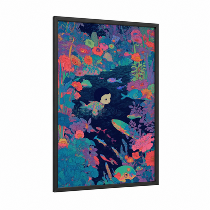 Coral Siren framed art print — black wood frame — magenta and teal palette