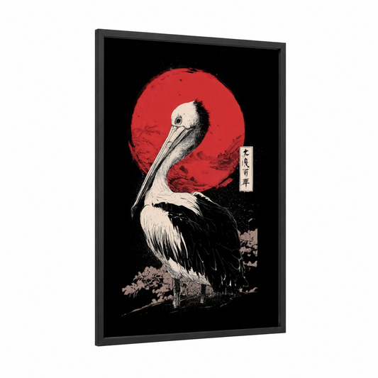 Crimson Pelican framed art print — black wood frame — red and black and white palette