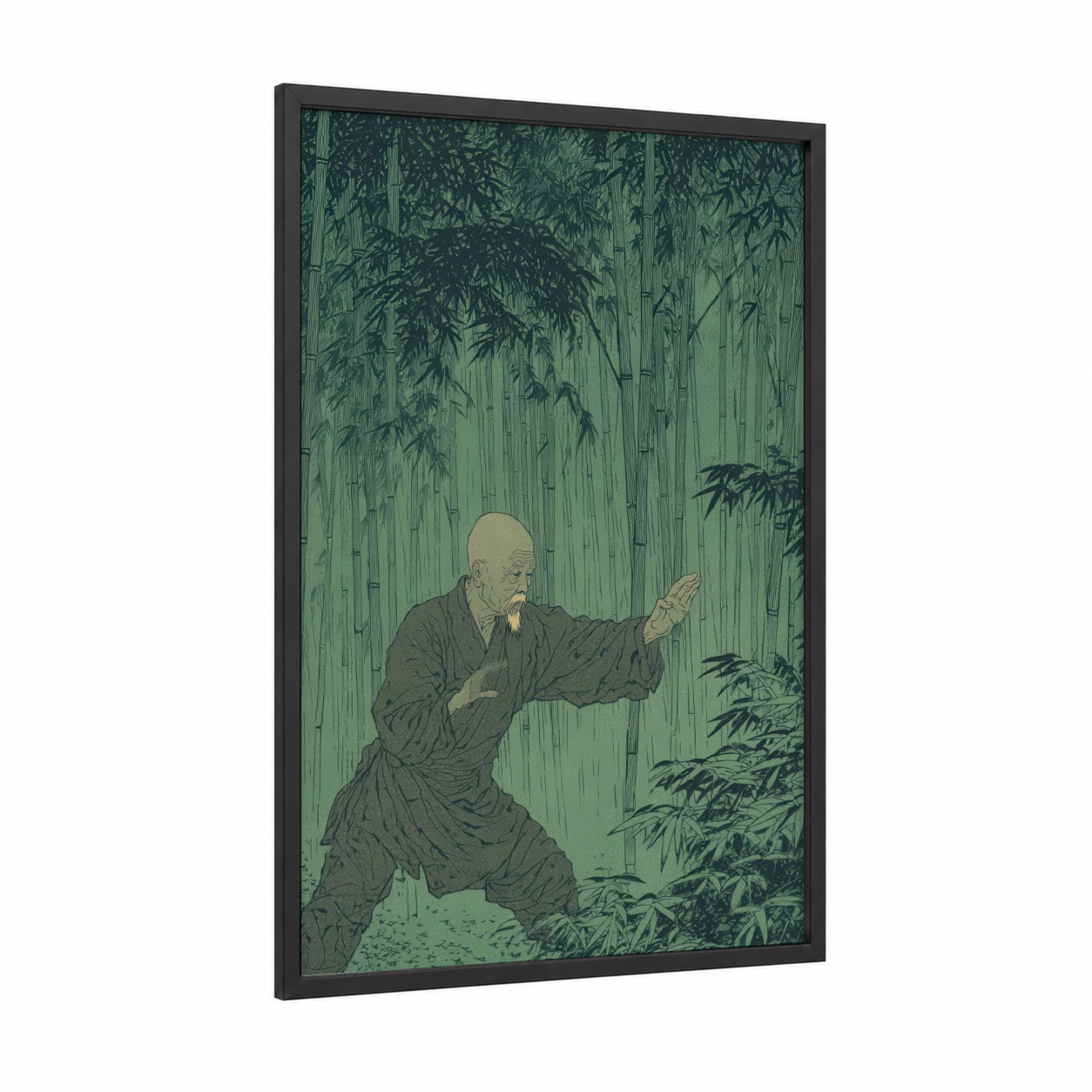 Bamboo Master framed kung fu print — black wood frame — sage green and olive palette