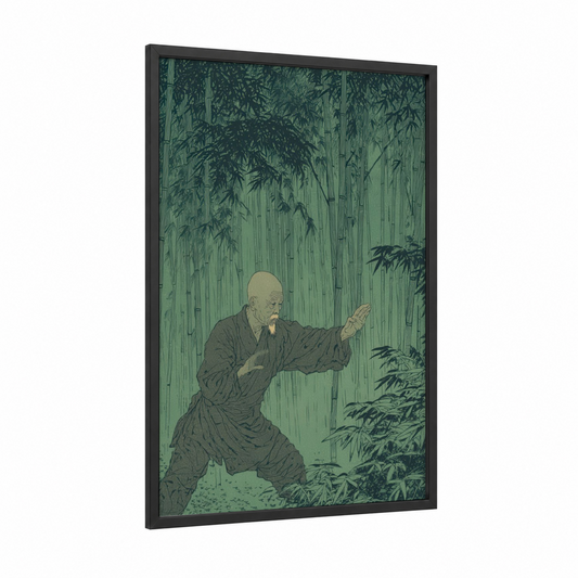 Bamboo Master framed kung fu print — black wood frame — sage green and olive palette