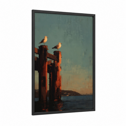 Waterfront Seagulls framed art print — black wood frame — gold palette
