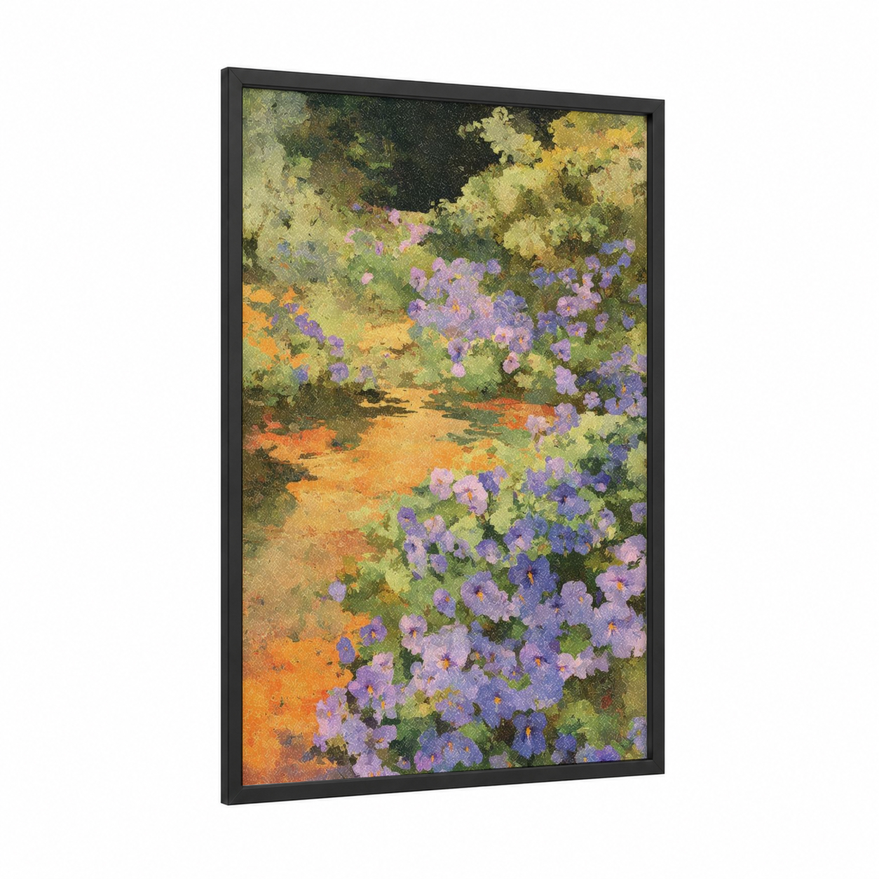 Purple Violet Garden framed violets print — black wood frame — purple and yellow gold palette