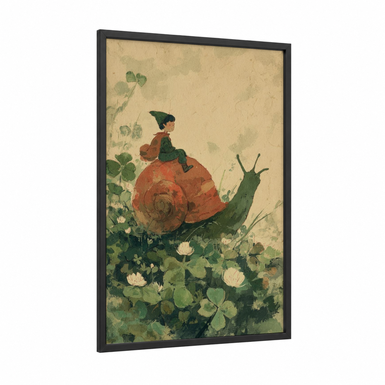 Garden Elf framed art print — black wood frame — cream and green palette