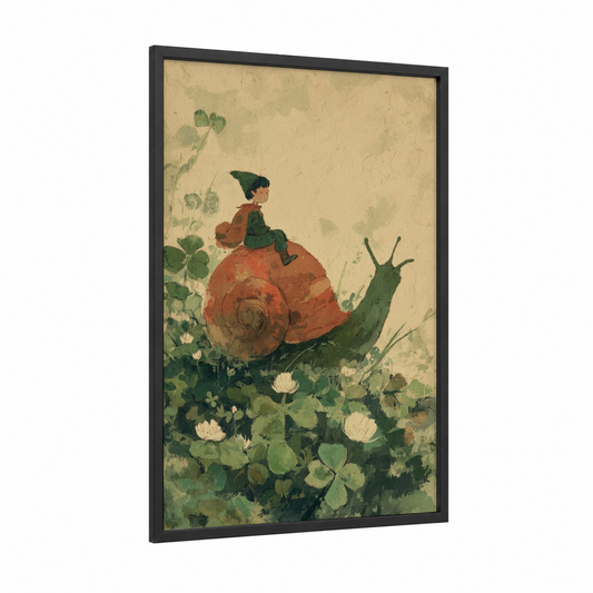 Garden Elf framed art print — black wood frame — cream and green palette