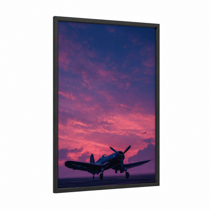 Crimson Sunset Plane framed propeller plane print — black wood frame — magenta and blue palette