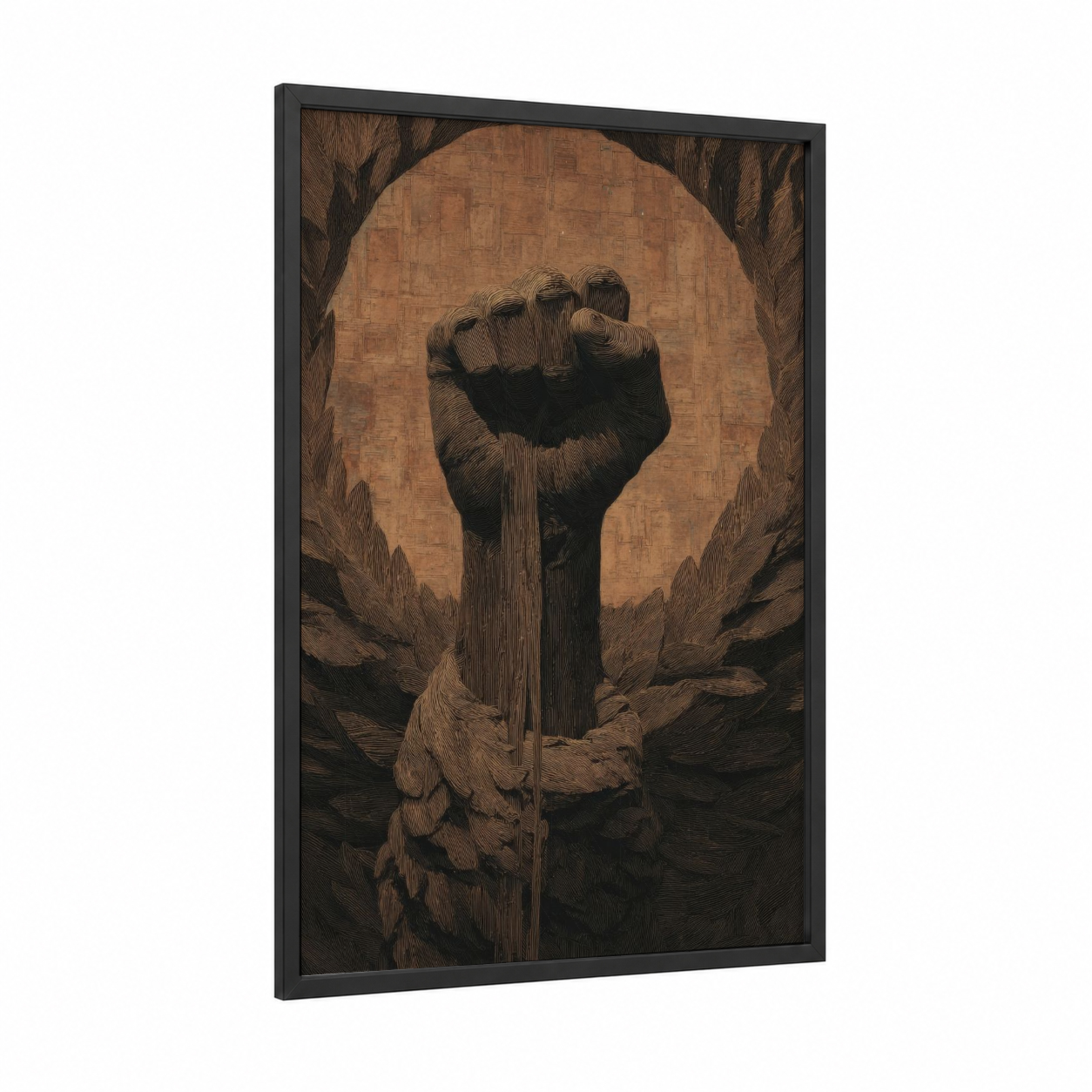 Rising Fist Freedom framed juneteenth print — black wood frame — brown and gold palette