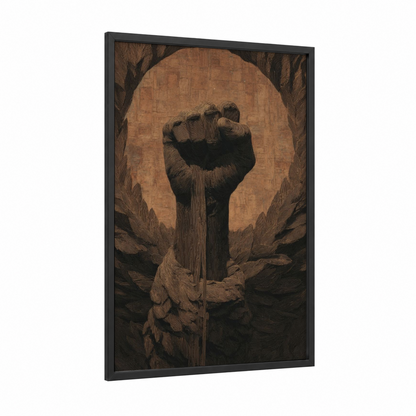 Rising Fist Freedom framed juneteenth print — black wood frame — brown and gold palette