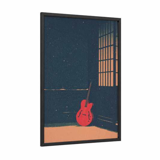 Crimson Guitar Nights framed electric guitar print — black wood frame — red and dark blue palette