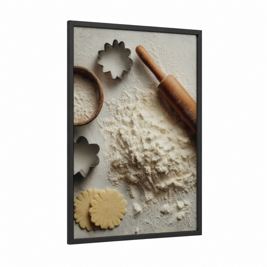 Flour Baking Scene framed art print — black wood frame — beige and brown palette