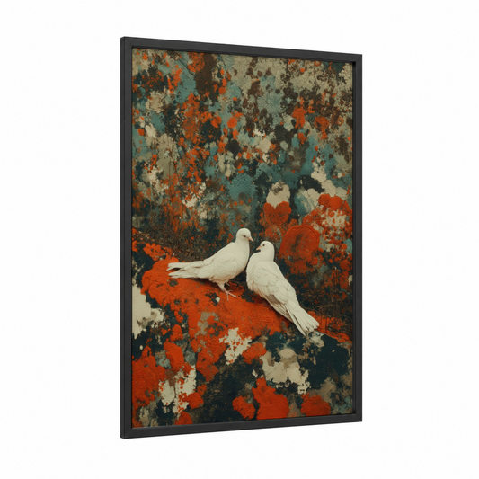 White Doves Pair framed art print — black wood frame — teal palette
