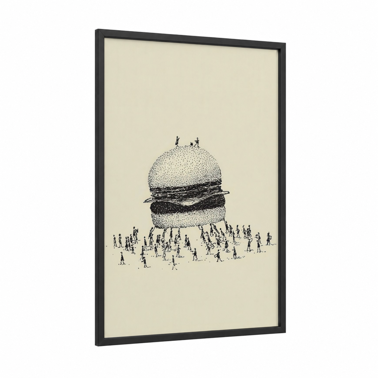 Giant Burger Crowd framed fast food print — black wood frame — black and white and cream palette