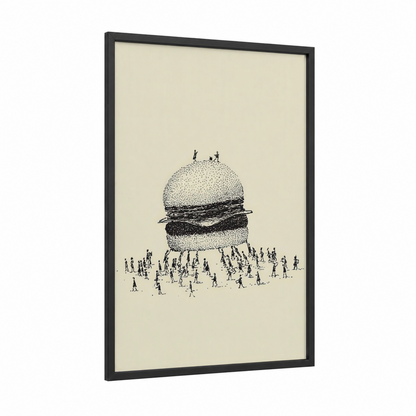 Giant Burger Crowd framed fast food print — black wood frame — black and white and cream palette