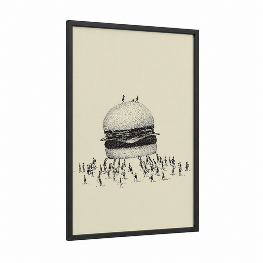 Giant Burger Crowd framed fast food print — black wood frame — black and white and cream palette
