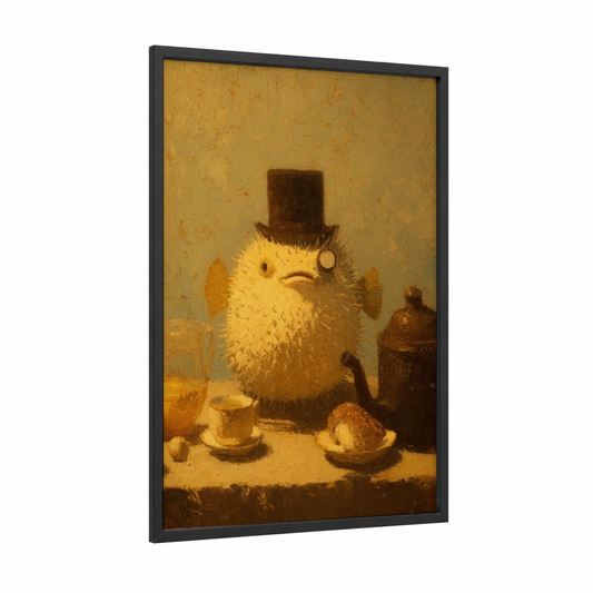 Genteel Puffer Fish framed art print — black wood frame — gold and brown palette
