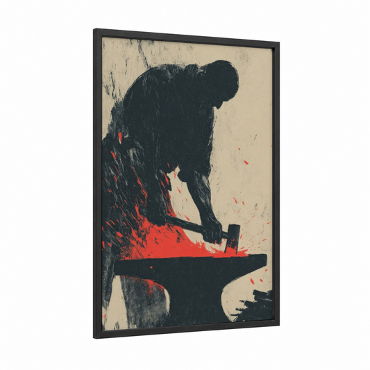 Industrial Craftsman framed labor day print — black wood frame — black and red and cream palette